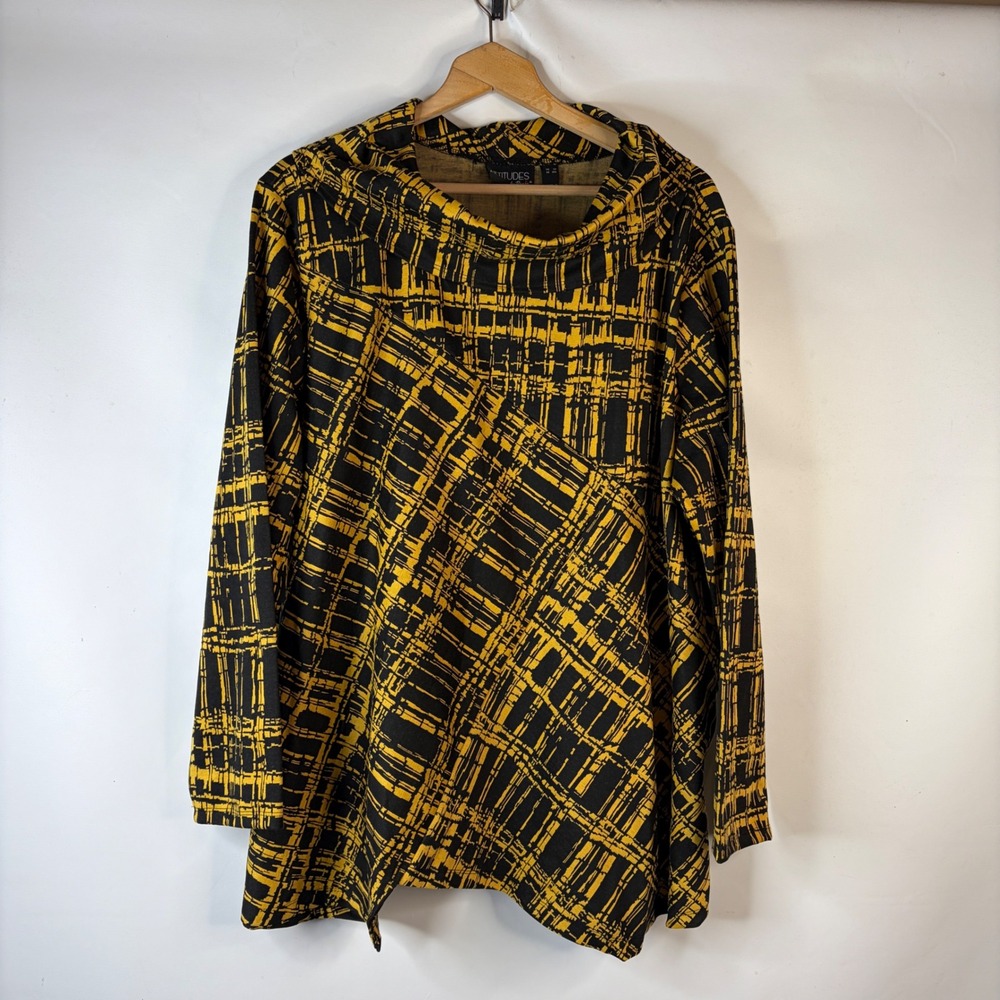 Attitudes by Renee Tunic Top Women 3X Yellow Black Cowl Neck Long Sleeve